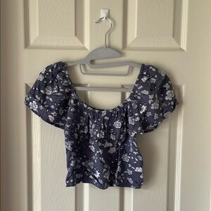 Hollister Blue and White Flutter Sleeve Crop Blouse
